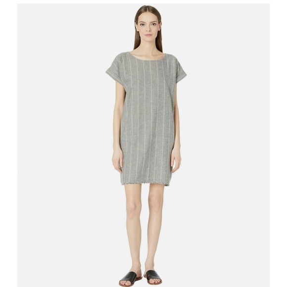 Eileen Fisher Hemp-Cotton Natural Fiber Short Sleeve Grey Stripe Dress Lagenlook - Picture 2 of 12